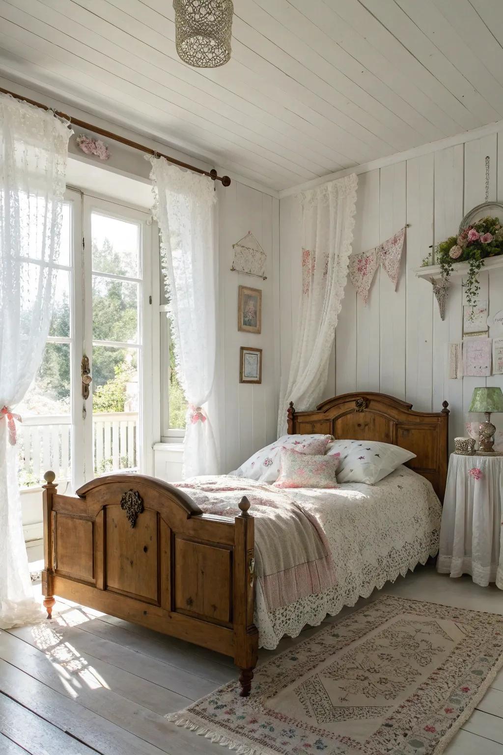A modern-vintage bedroom features a pure white backdrop, creating a peaceful atmosphere.