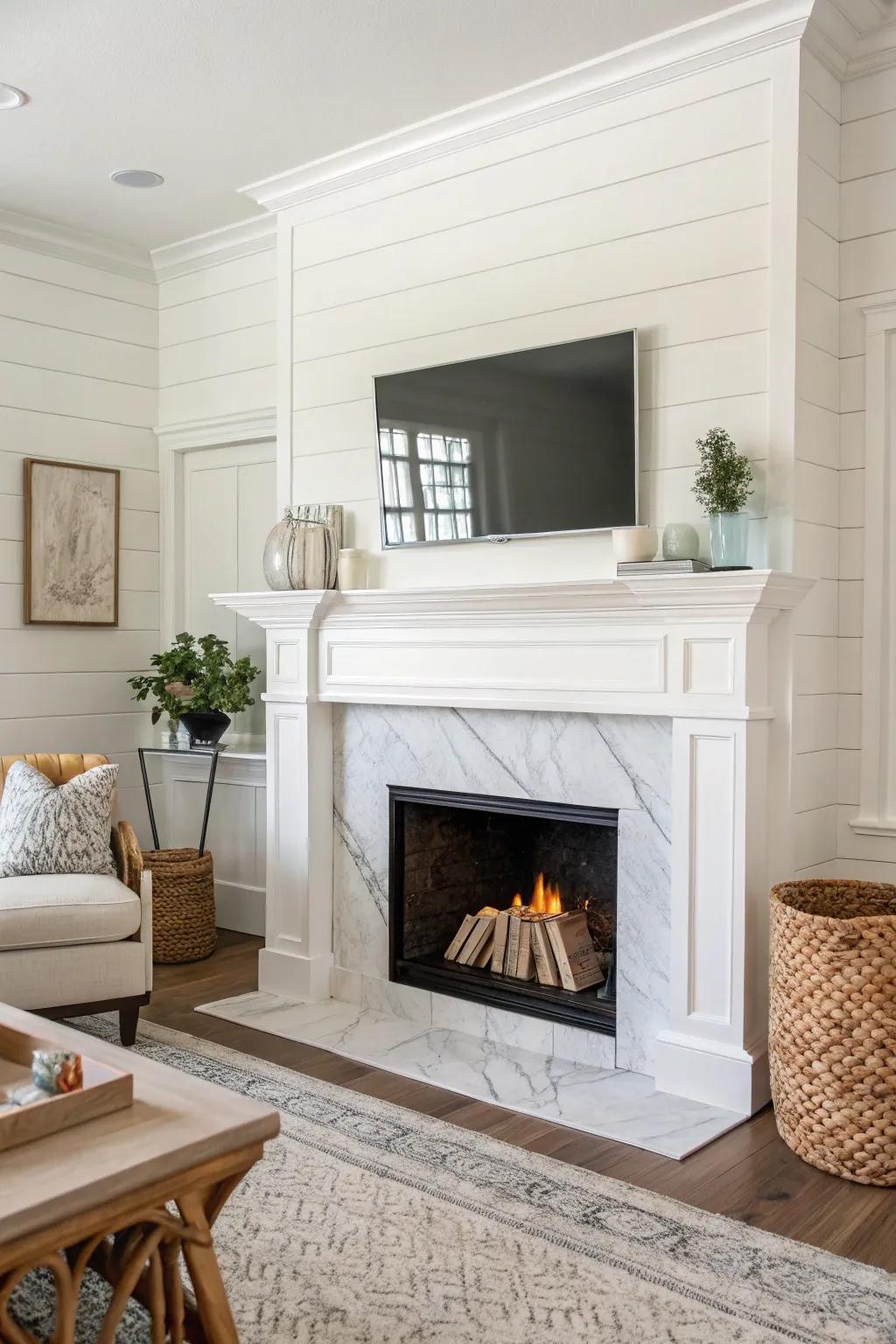A classic white shiplap fireplace featuring a white marble surround and simple decorations.