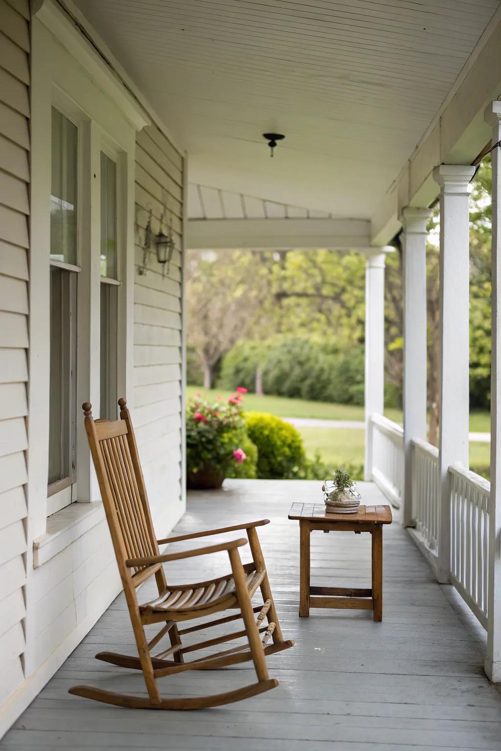 A minimalist small front porch displaying sharp lines and simple, graceful furniture.