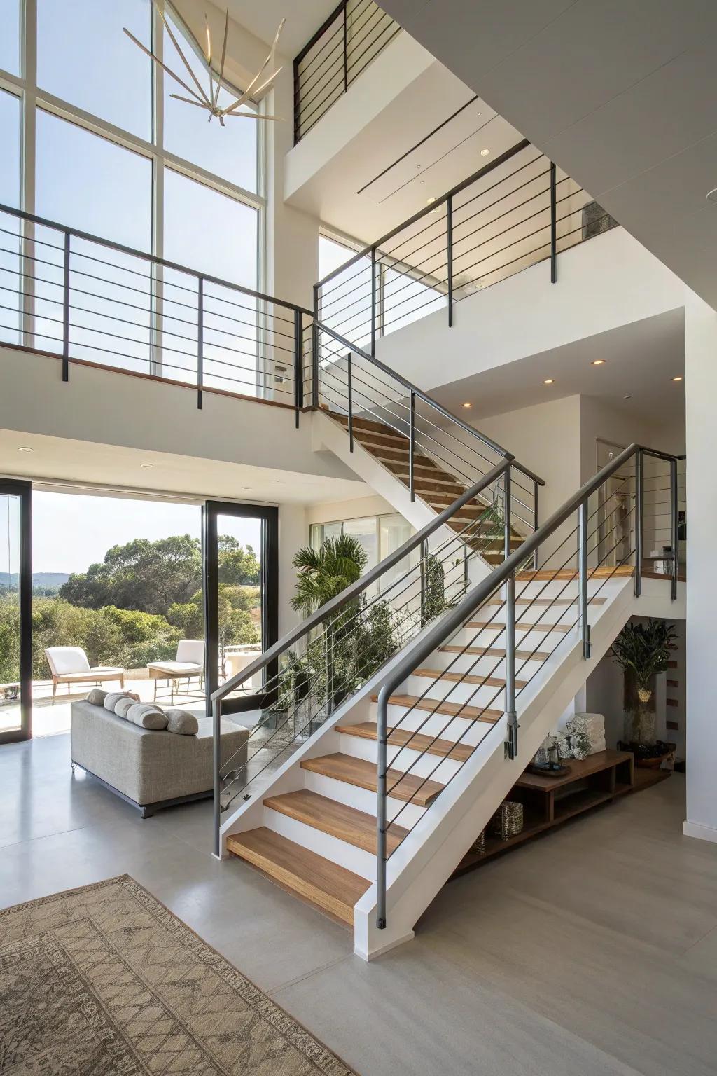 Minimalist metal railings exuding an open vibe in a modern residence.