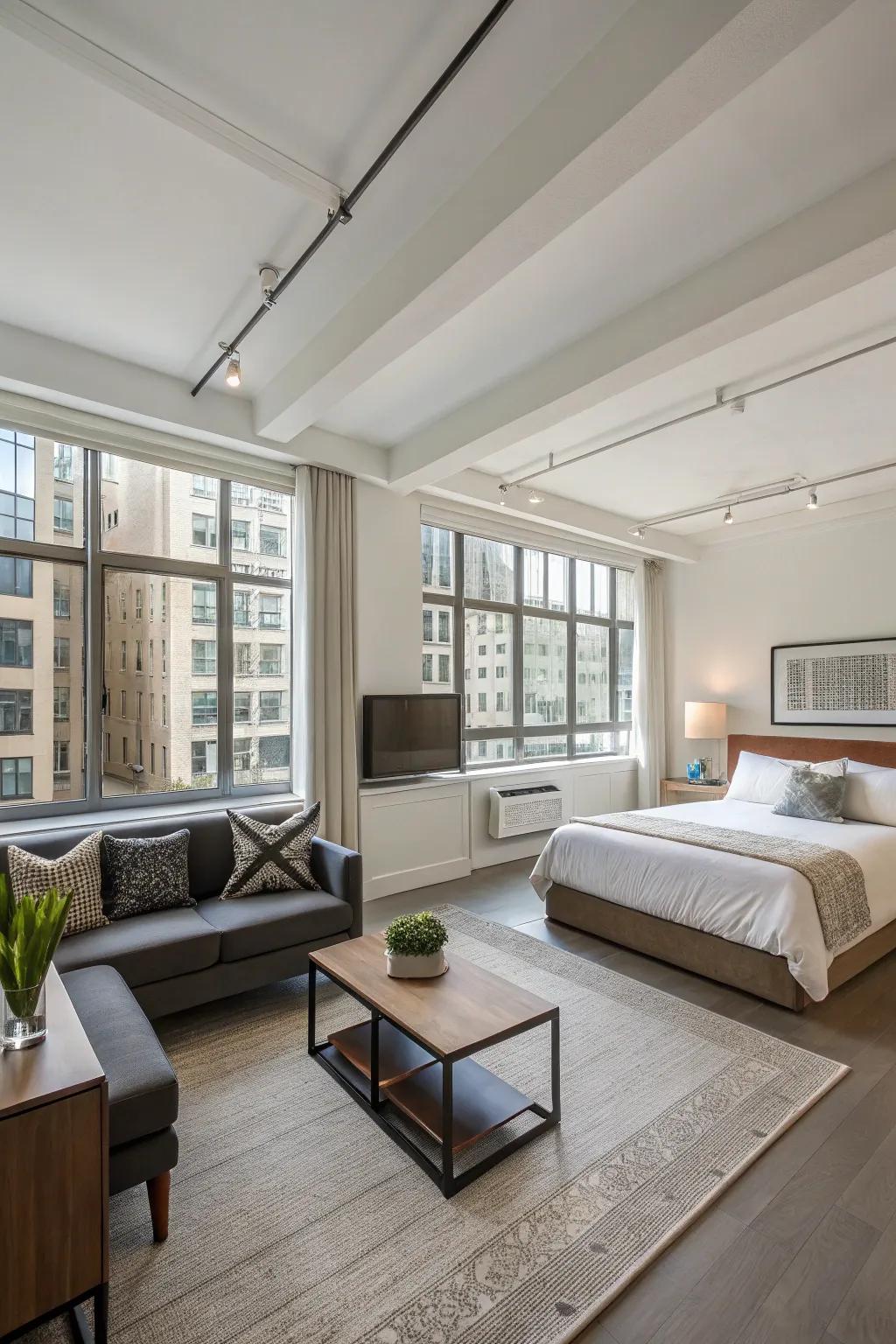 A modern studio showcasing an open layout, effortlessly blending the living and sleeping areas.