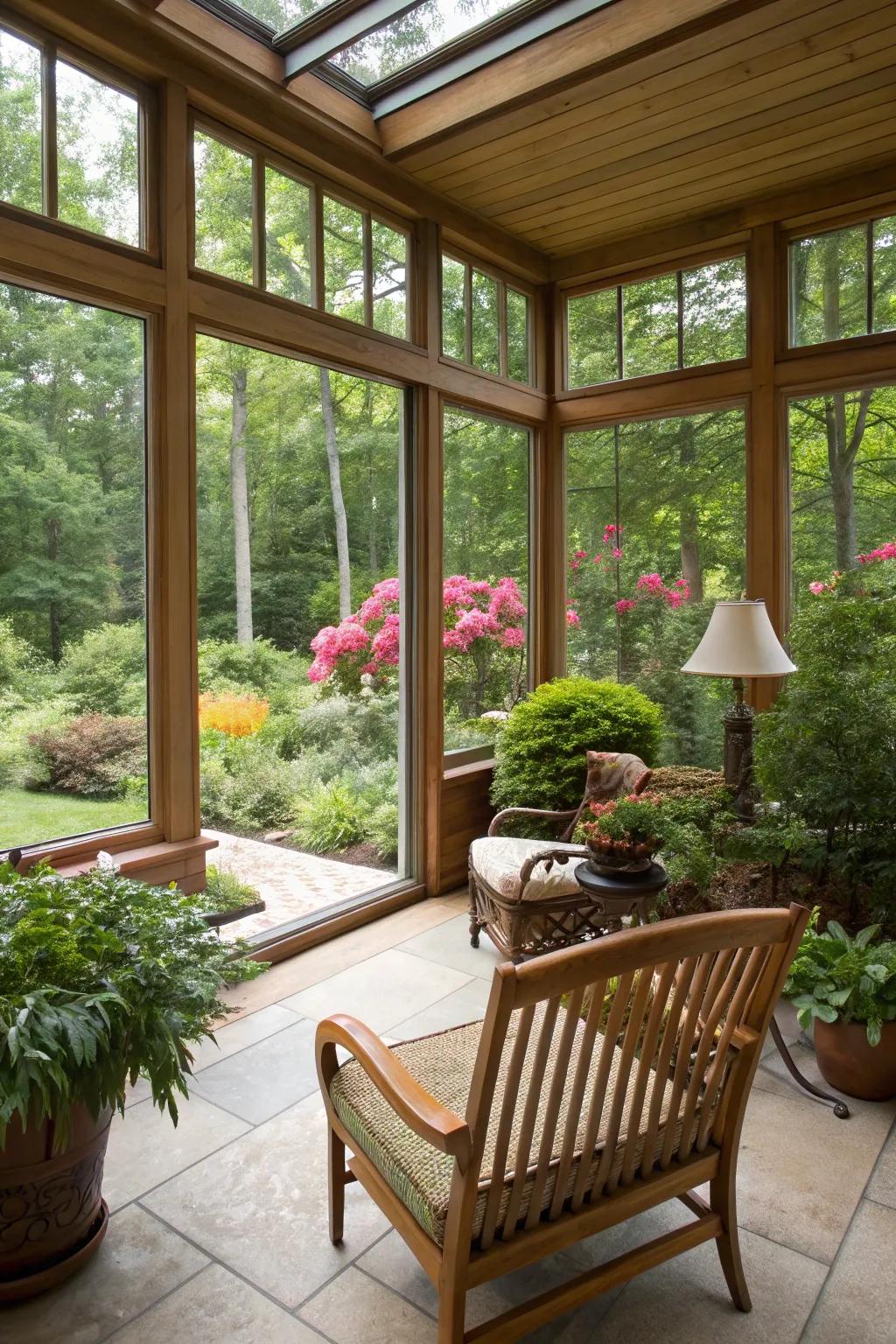 Large windows in a sunroom that smoothly integrates the inside and outside environments.