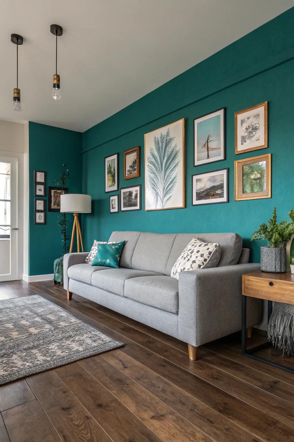 A teal accent wall is beautifully complemented by a grey couch, creating a visually appealing space.