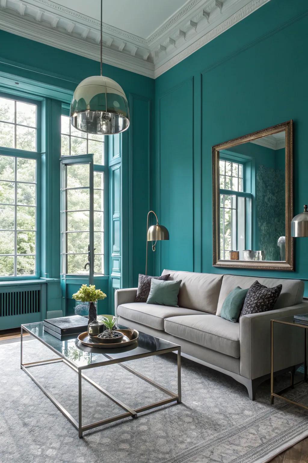 Striking teal walls set a captivating tone in this modern living area.