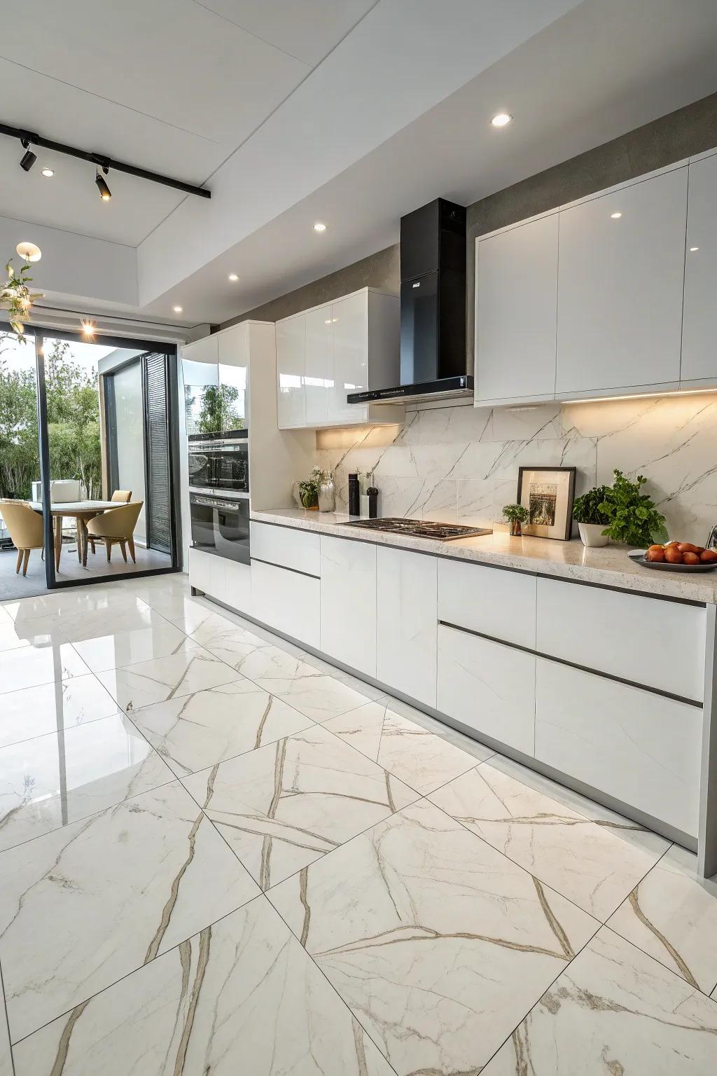 Sleek, large-format tiles create an uninterrupted, modern kitchen surface.