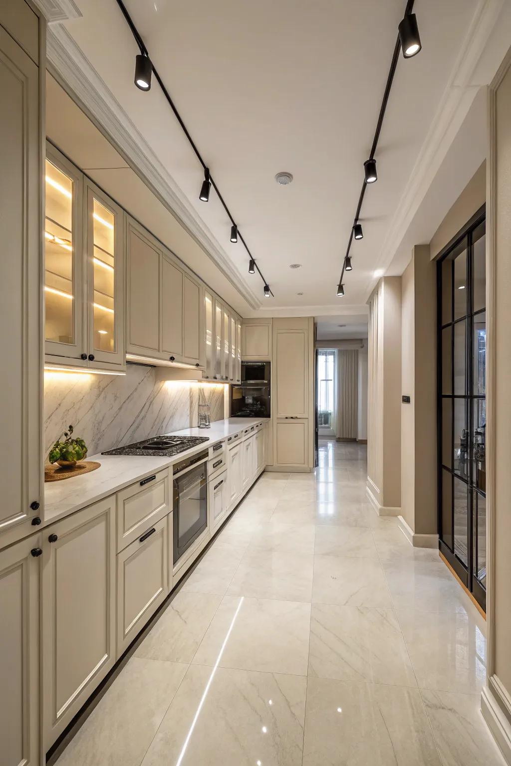 Modern kitchen featuring minimalist track lighting with clean lines.