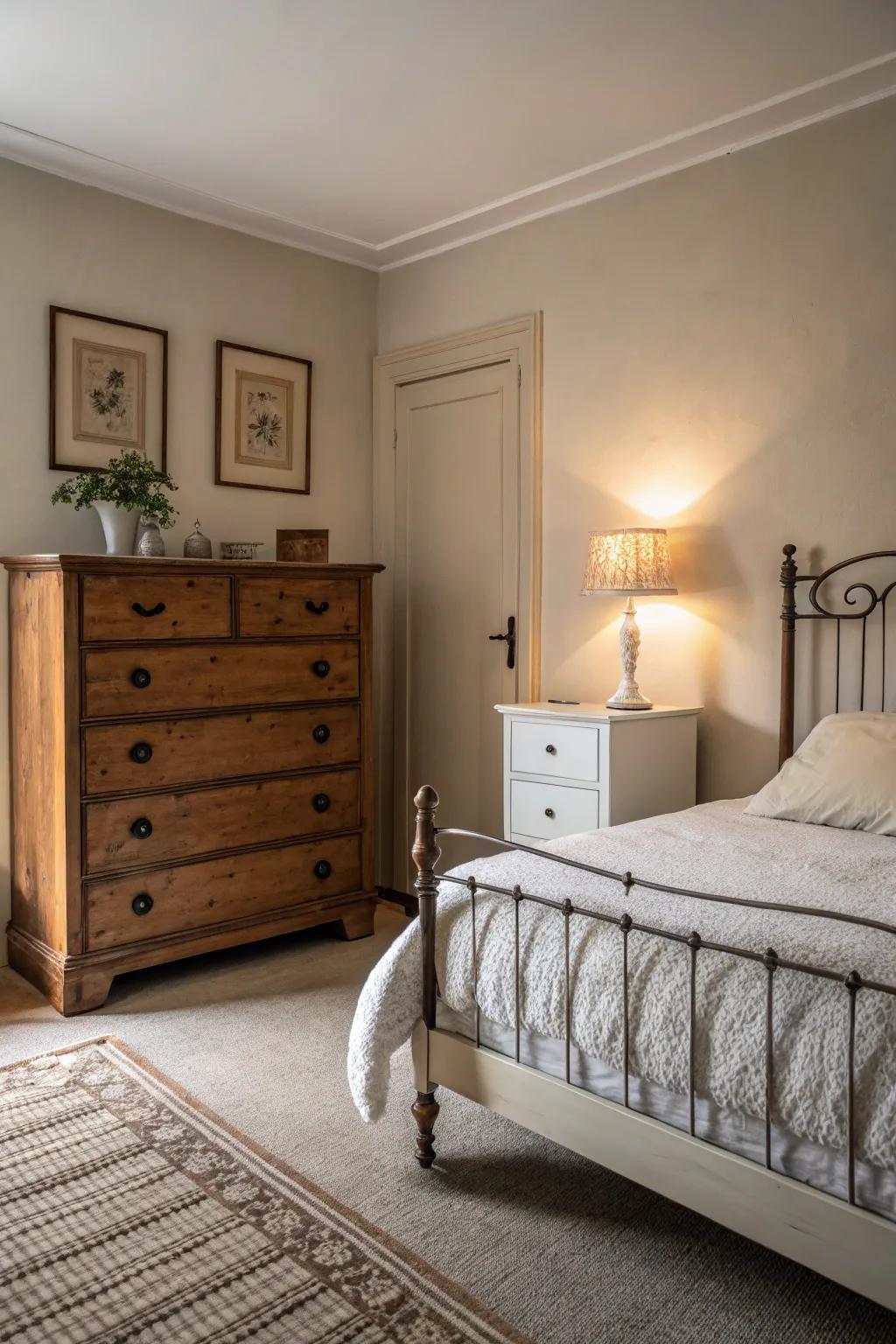 A classic bureau imparts personality, whereas a minimalist bed frame maintains the room's modern feel.