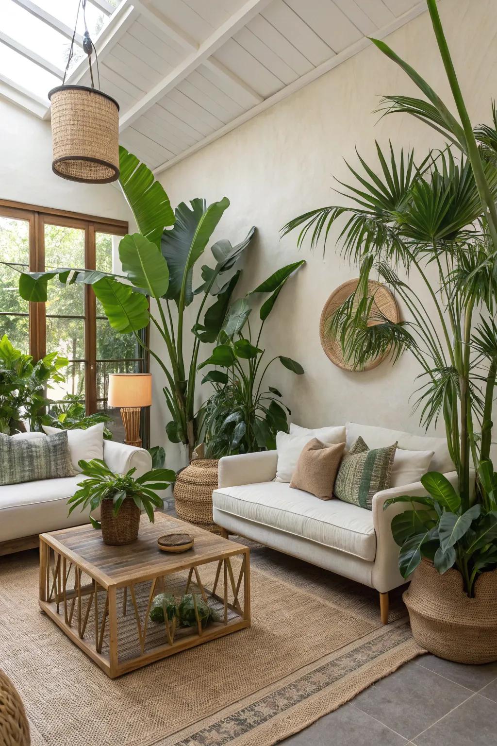 A contemporary tropical living space showcasing abundant greenery and understated decorations.