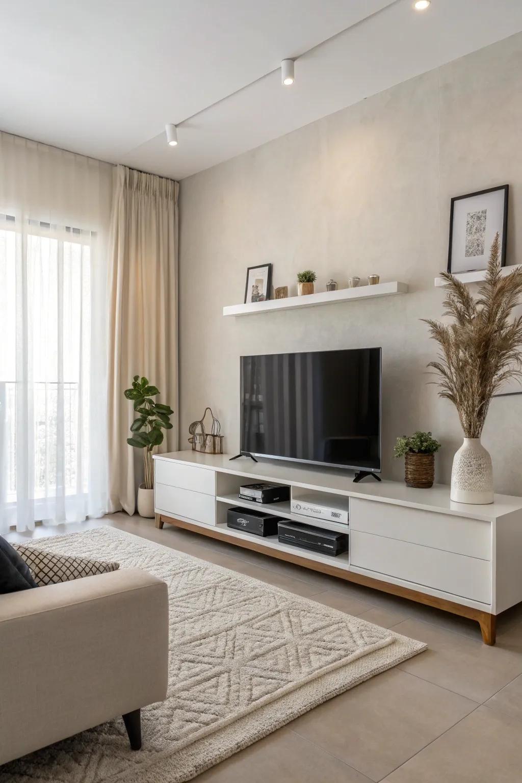 Minimalist TV stand fostering a peaceful atmosphere.