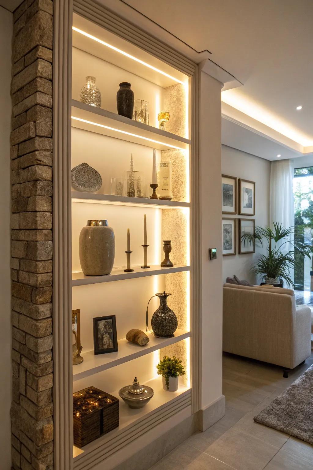 A beautifully lit wall niche with LED ribbons, showcasing decorative elements with a warm glow.