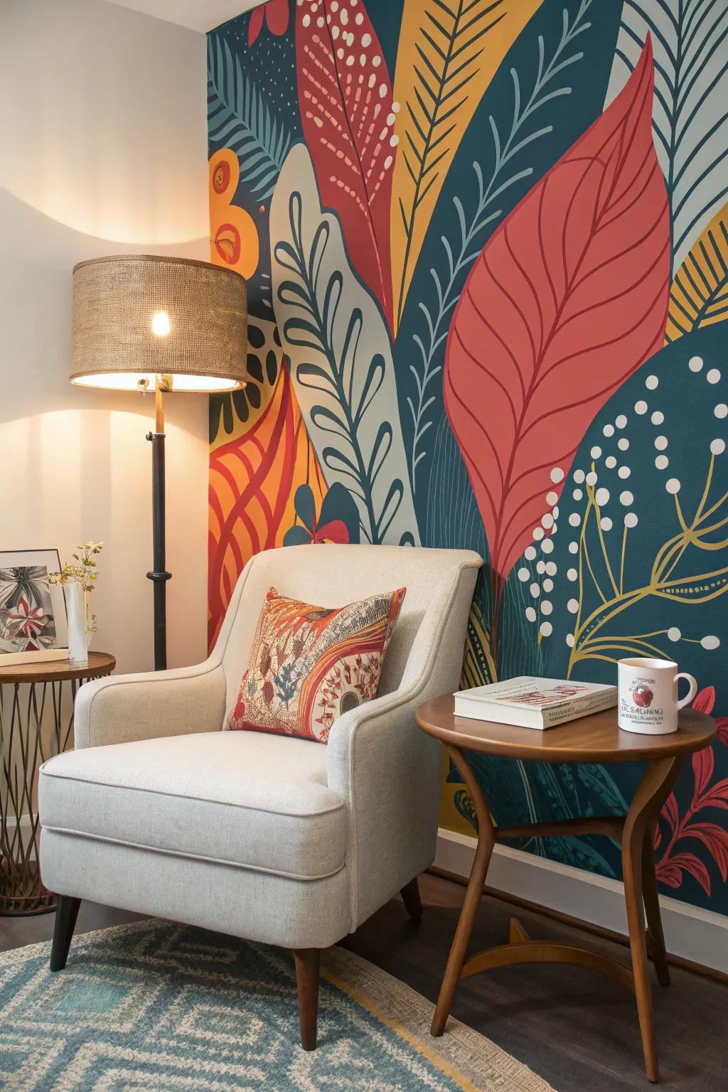 Bright freeform wall covering in a comfortable reading nook.