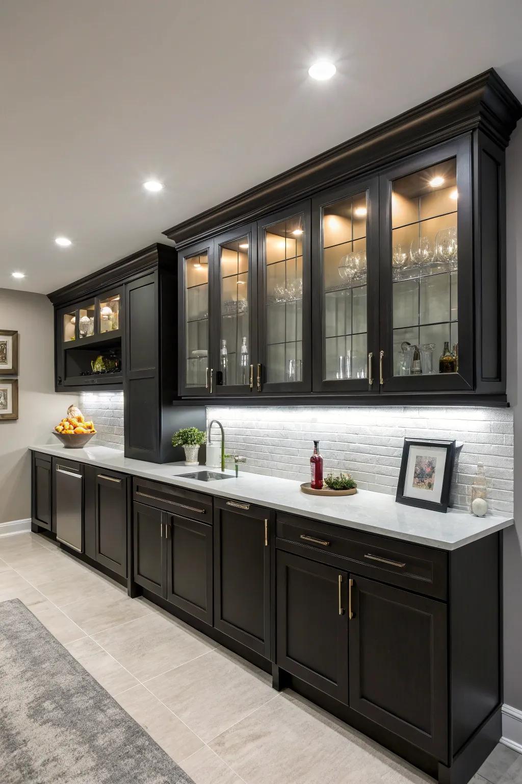 Dark woodwork brings refinement to a contemporary wet bar environment.