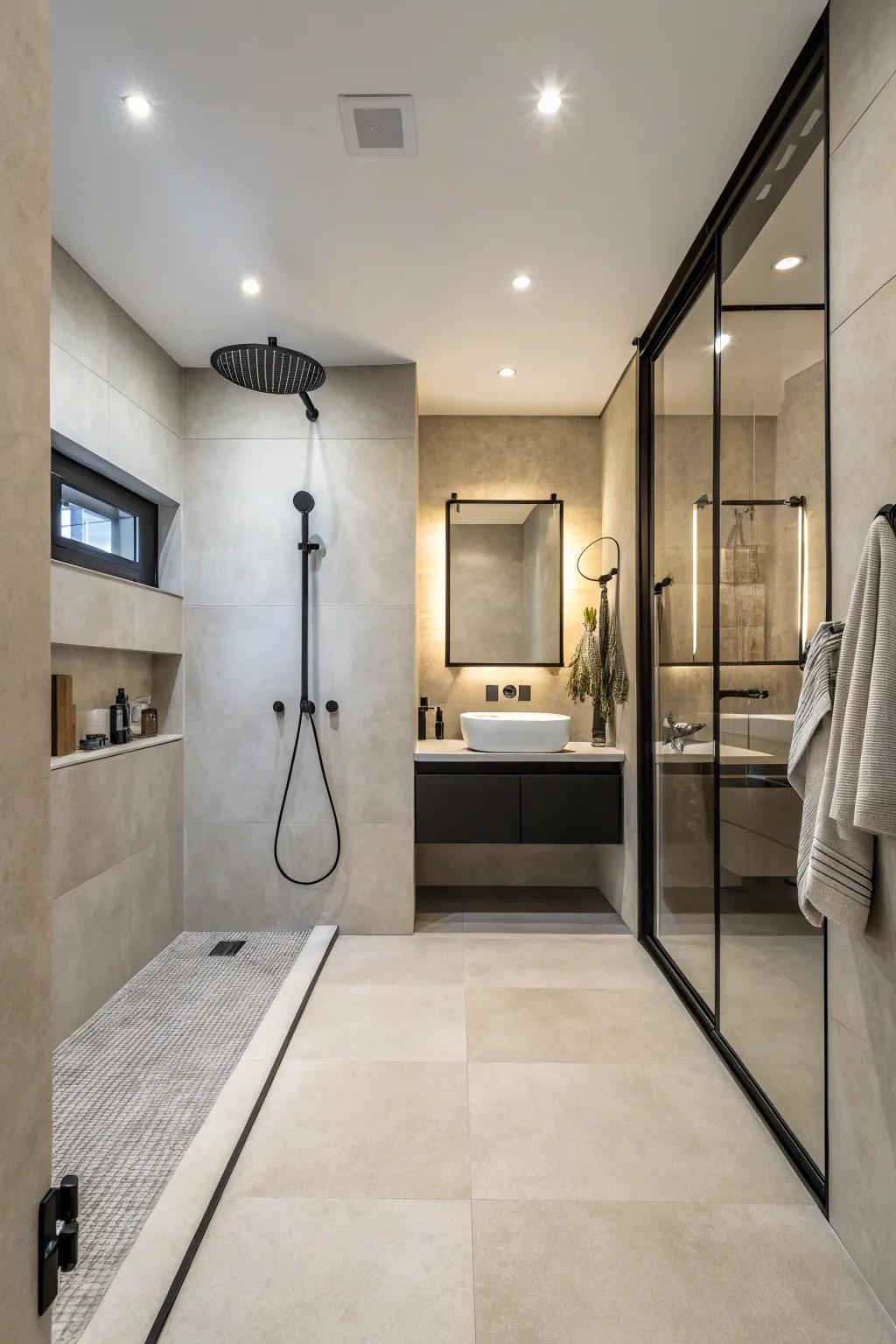 Open shower spaces bring a flowing, elegant touch.