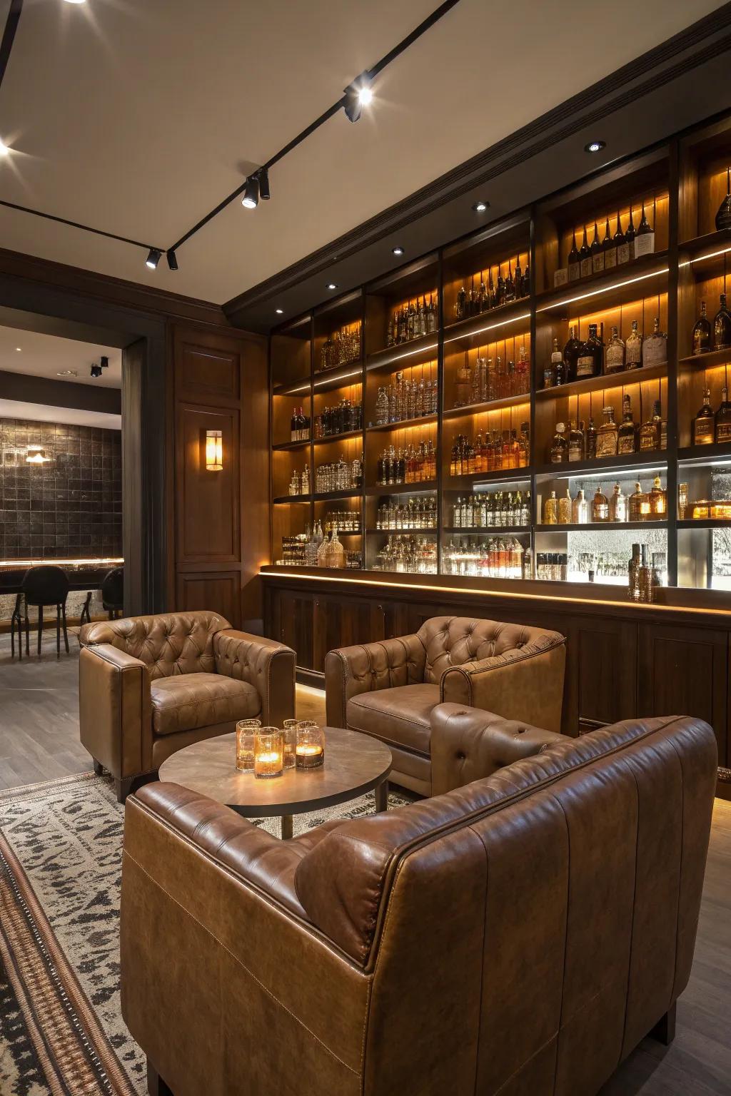 Opulent leather seating provides a foundation for relaxation in your whiskey room.