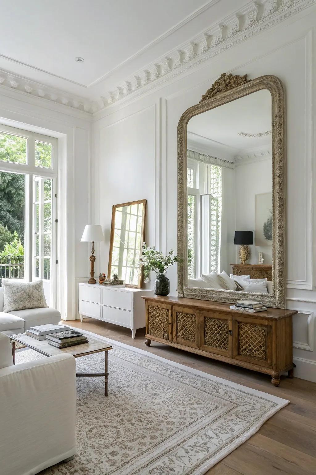 A sizable mirror reflects light throughout a modern white living space.