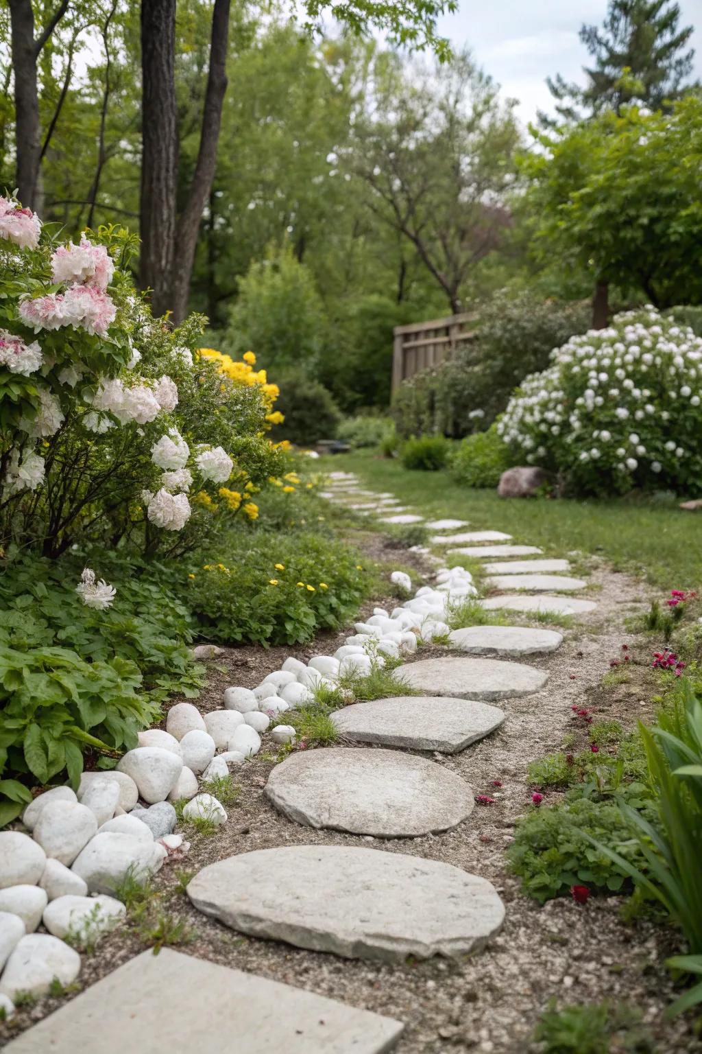 A delightful garden pathway crafted from white stones and pavers, inviting you to explore.