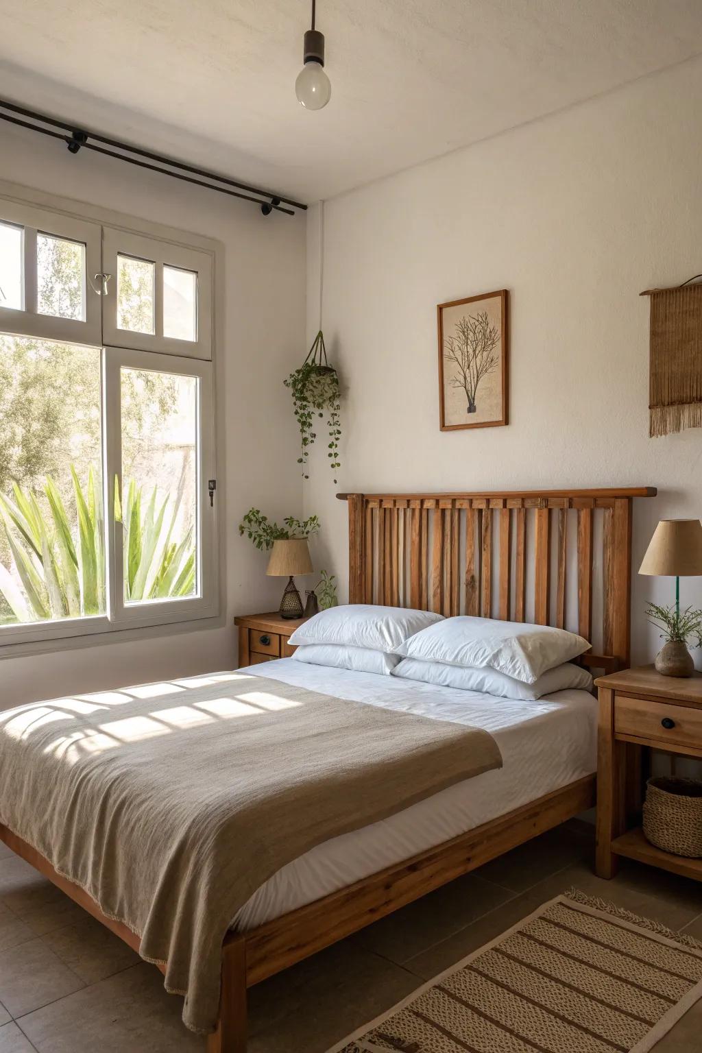 Construct a cozy sanctuary with a wood slat headboard, radiating warmth and sophistication.
