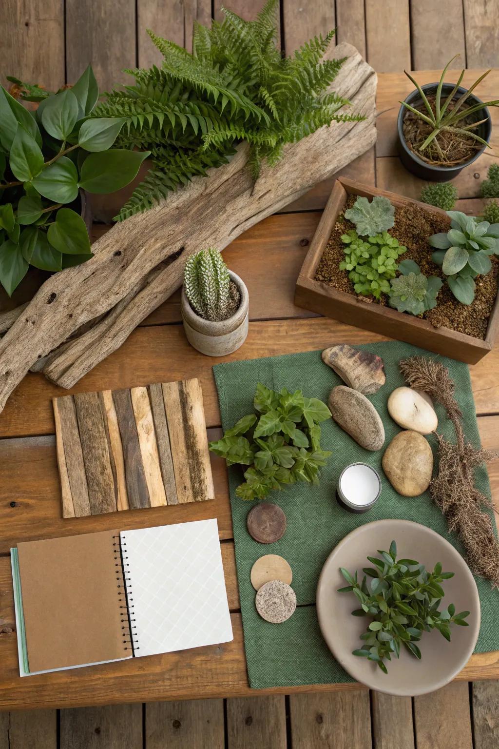 A nature-focused mood board featuring calming earthen aspects.