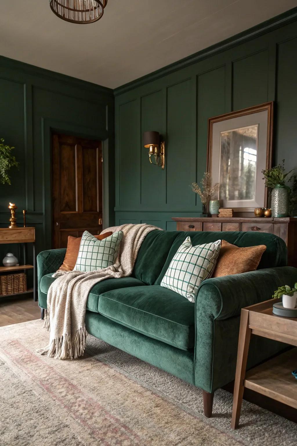 A lounge featuring dark green walls and smooth velvet textures for creating a subdued environment.