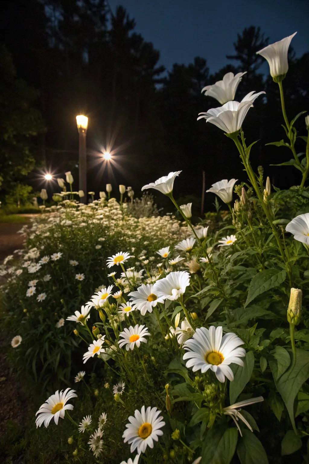 White flowers such as shasta daisies and moonflowers shine under the moonlight.