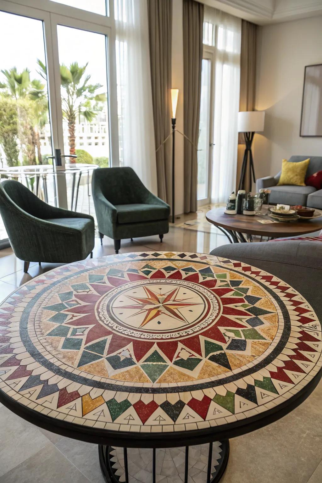 A circular mosaic table showcasing striking geometric patterns infuses modern elegance into any setting.