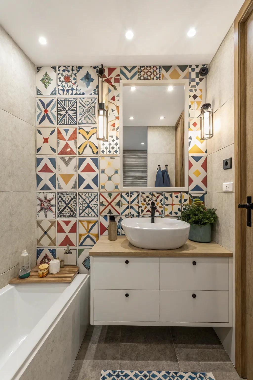 A bathroom displaying a modern geometric mosaic tile arrangement.
