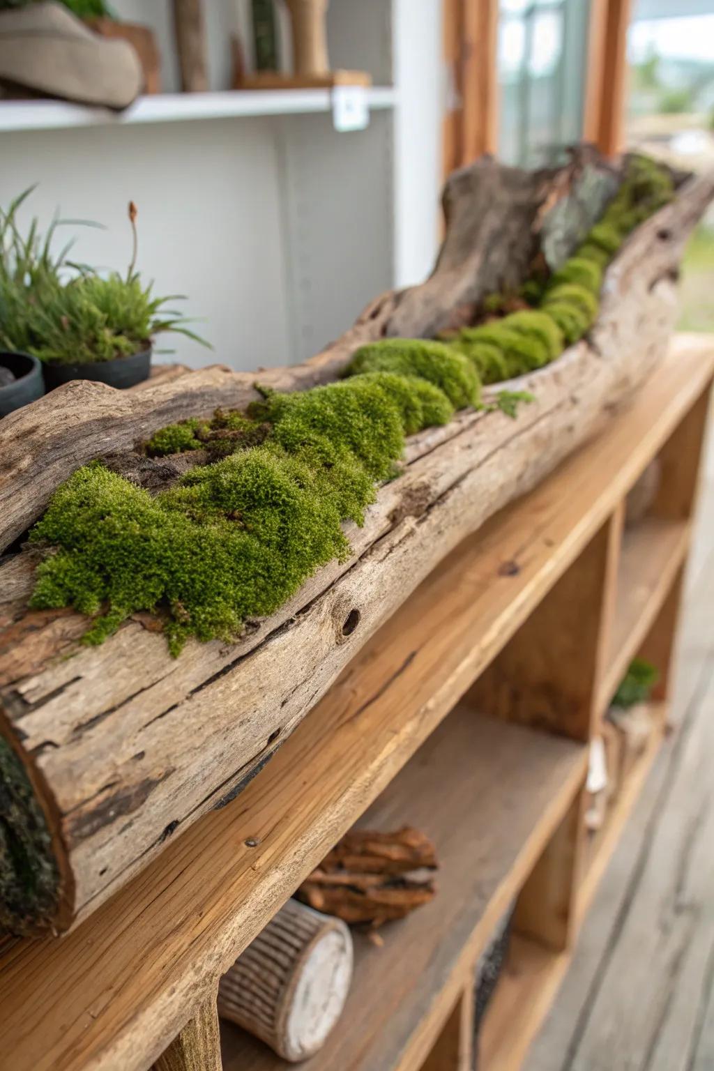 An earthy wood planter exhibiting vivid moss, ideal for contributing a natural aesthetic element.