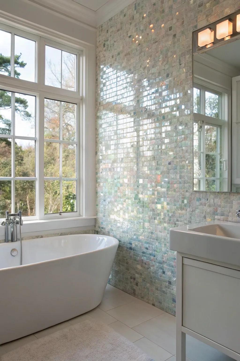 A nacre accent wall lends an element of luxury and calm to any bathroom.