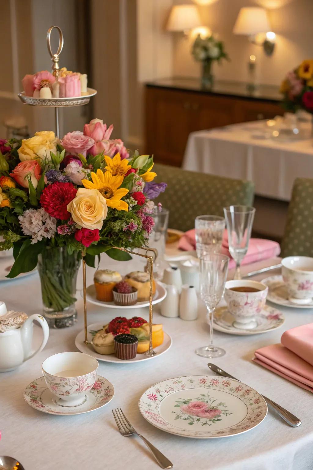 Floral centerpieces bring a touch of sophistication and freshness to your tea gathering.