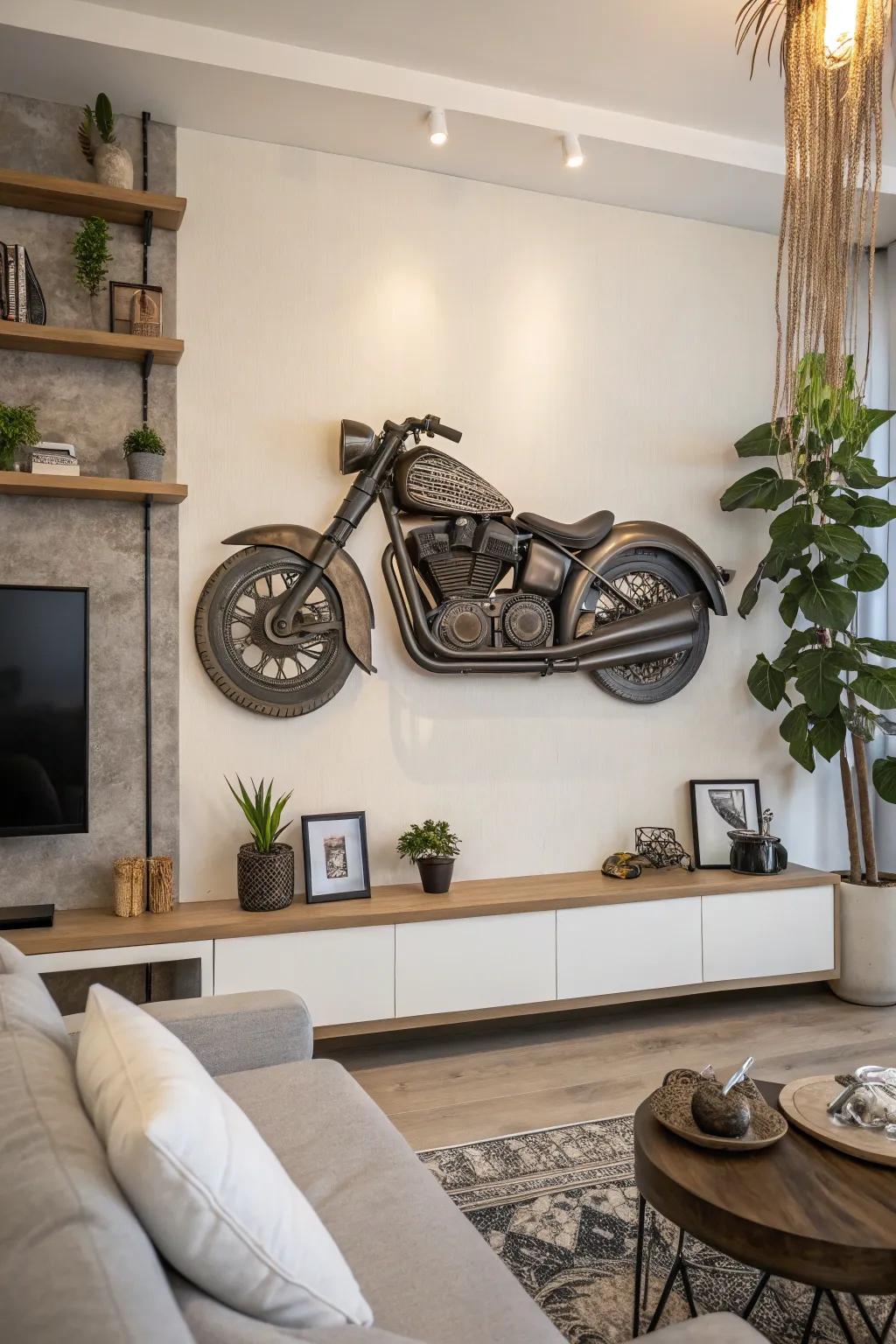 An impressive three-dimensional motorcycle artwork for the wall.