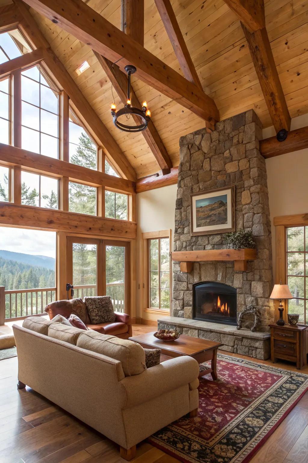 Natural materials like wood and stone create a seamless transition between indoors and outdoors.