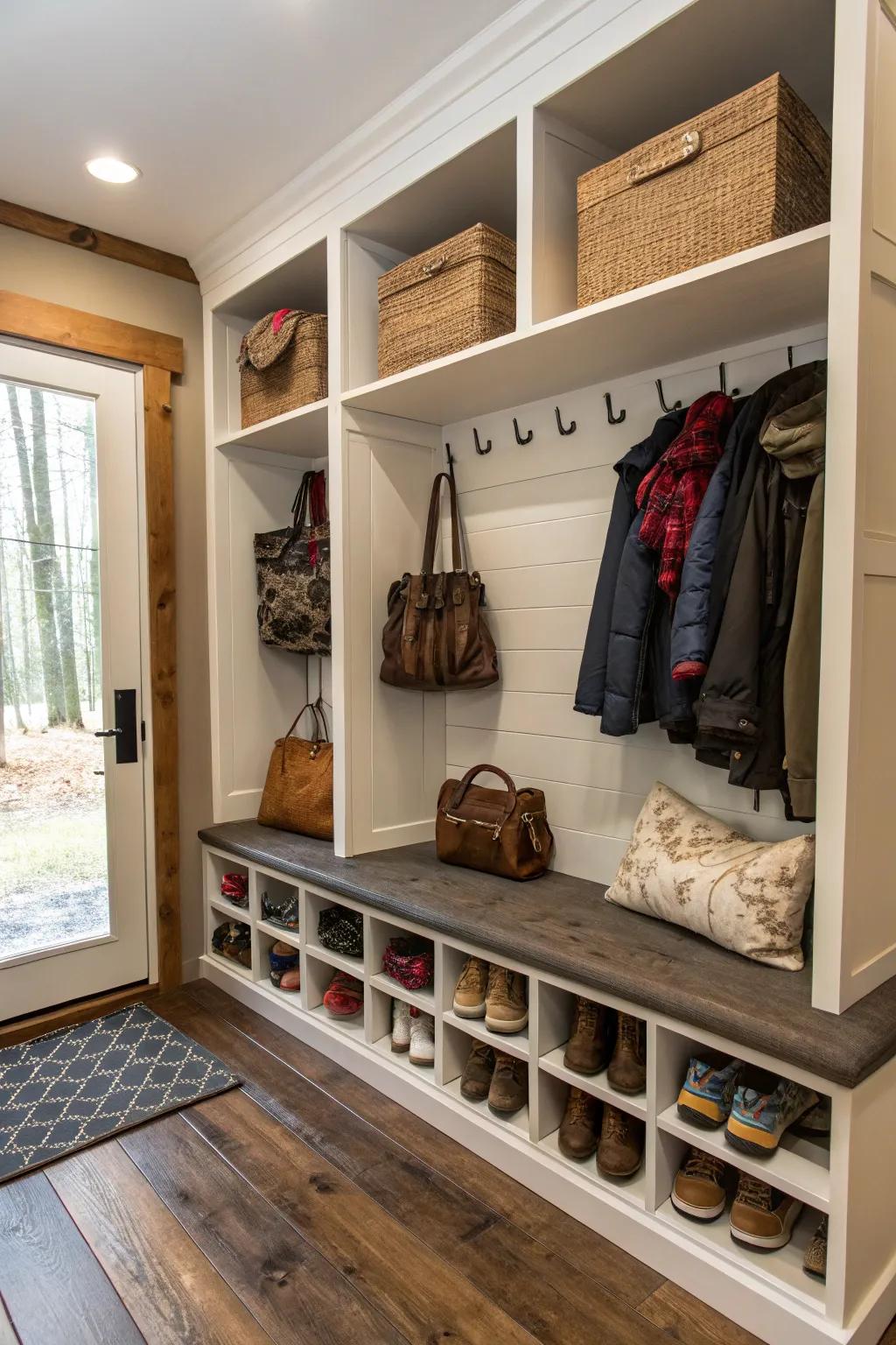 A mudroom bench featuring organized storage niches for footwear and bags.