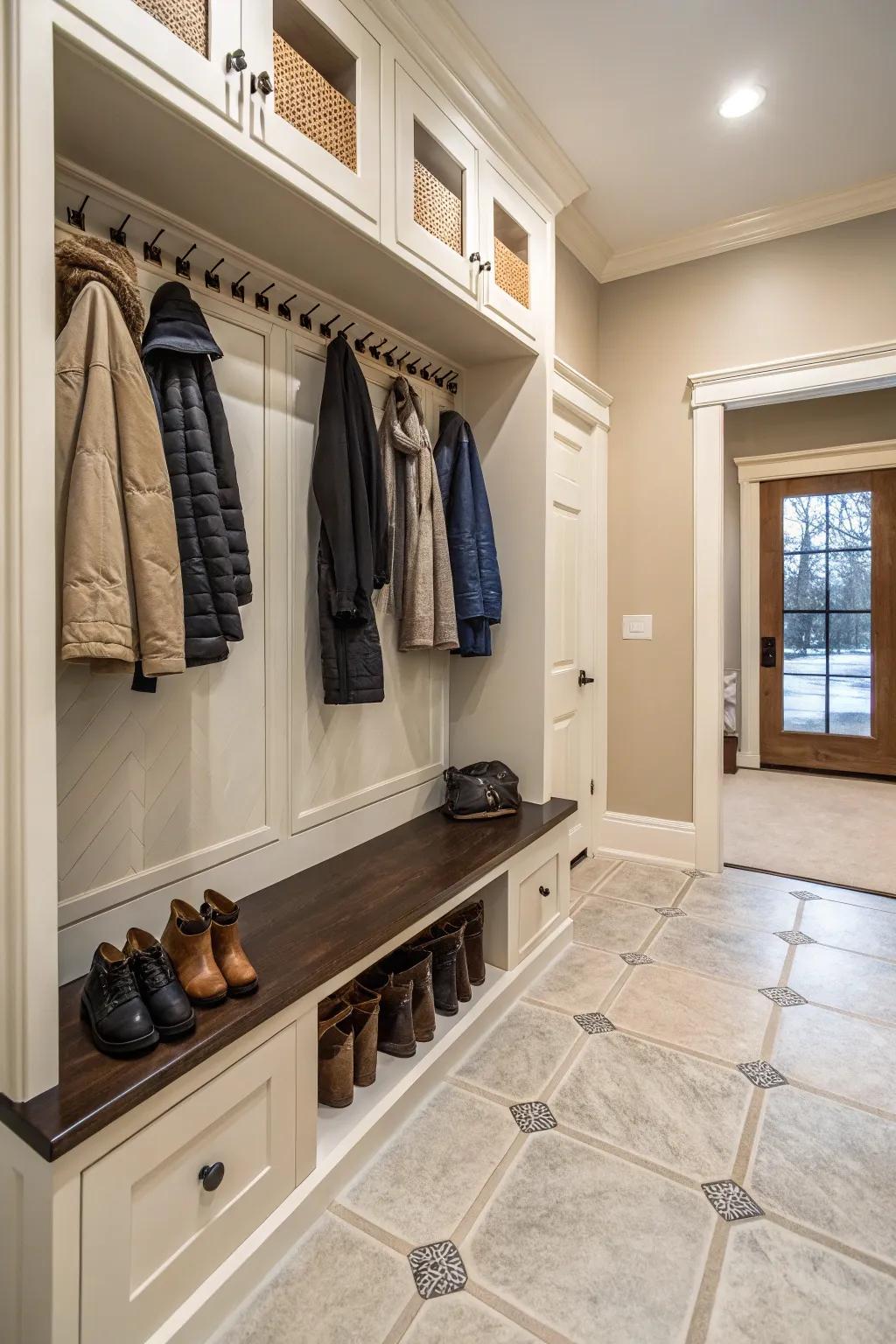 Stone-like tiles are both strong and elegant, which makes them ideal for busy mudrooms.