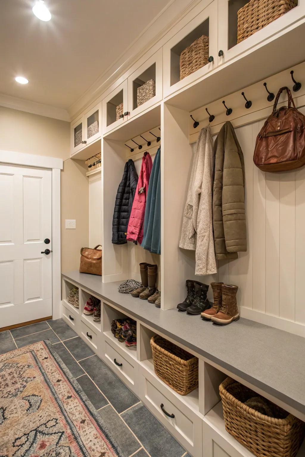A well-organized mudroom showcasing custom cubbies with shoes neatly arranged.