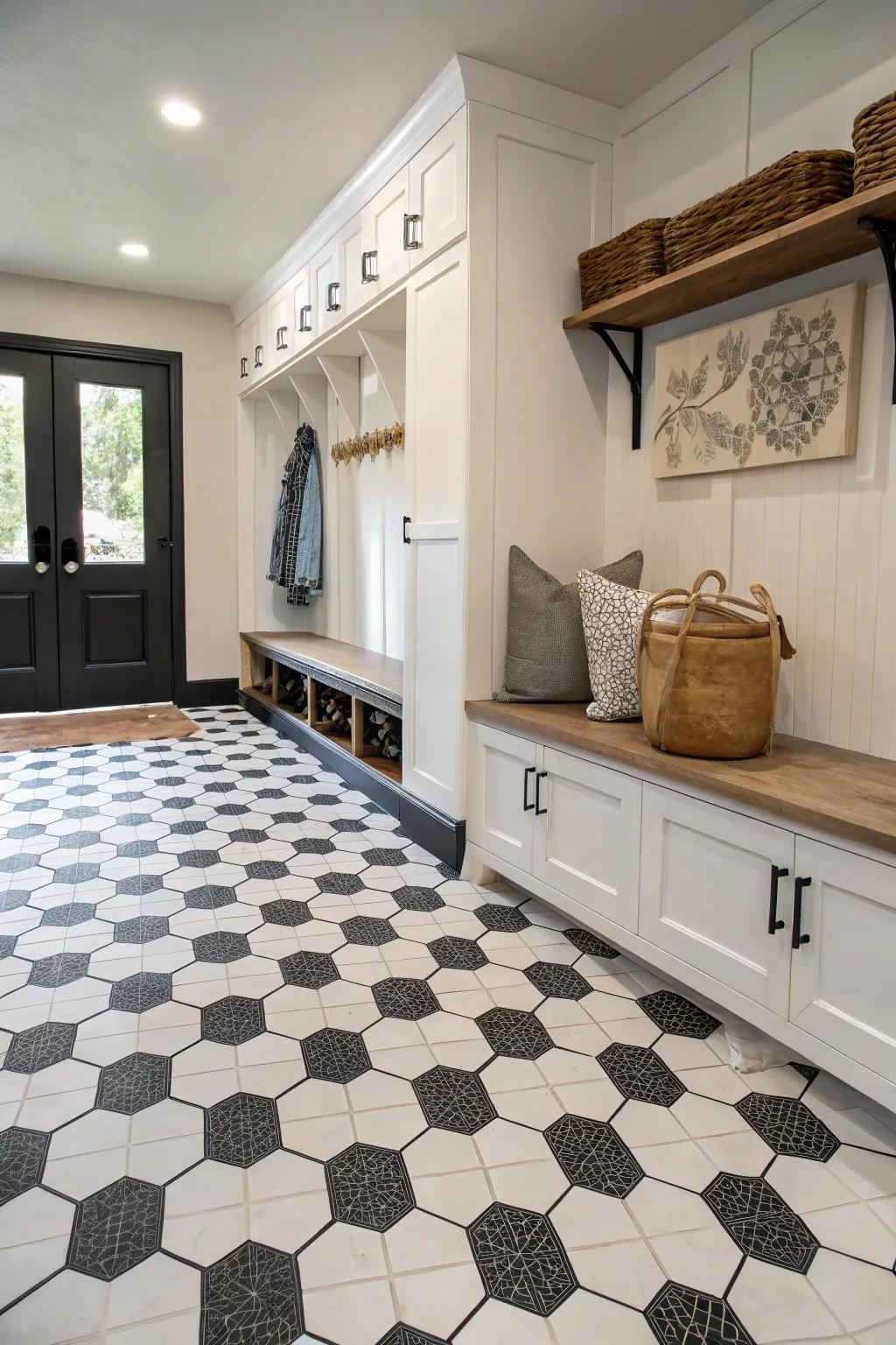 Make a bold statement with polygon tiles in your mudroom.