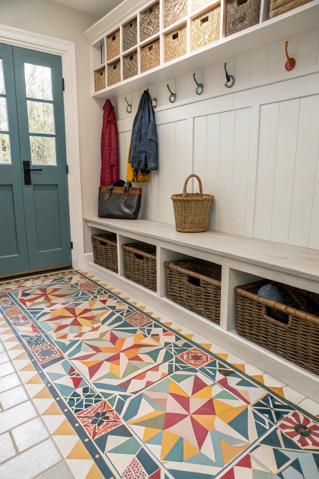 Geometric tiles creating a dynamic look in a mudroom