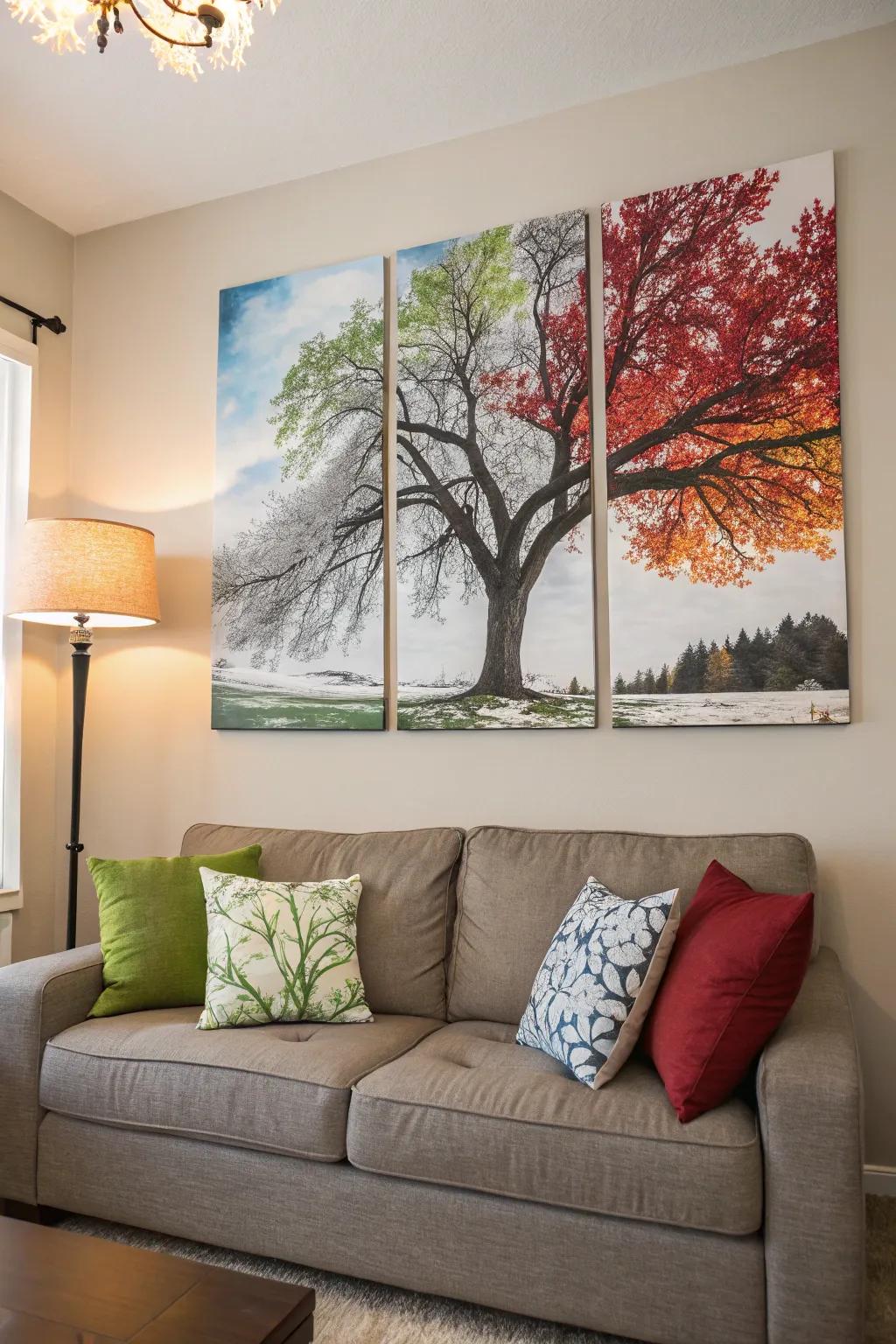 An art piece across multiple canvases that beautifully presents a tree through each of the seasons, introducing a natural element to the space.