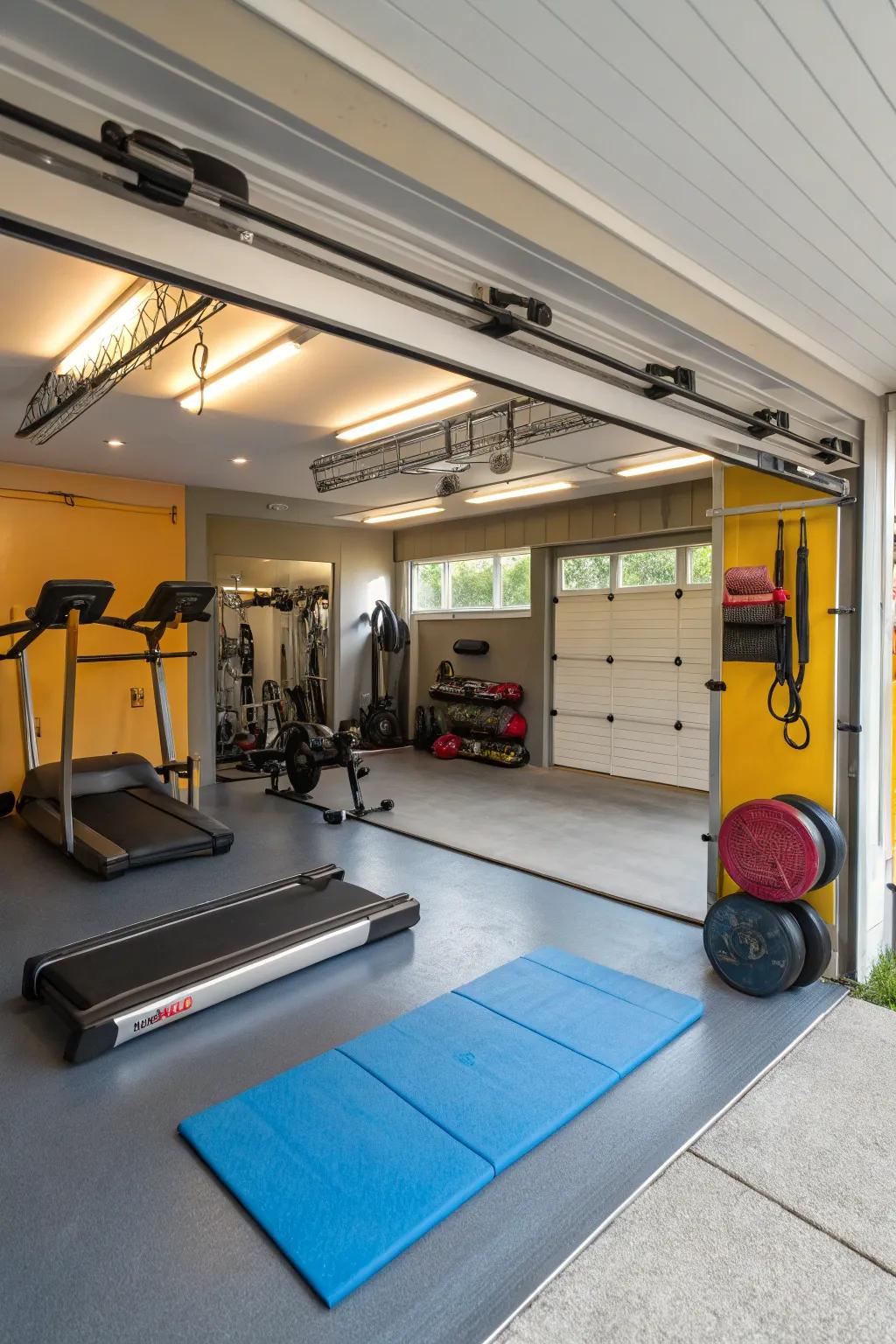 A garage transformed into a home gym featuring various exercise machines.