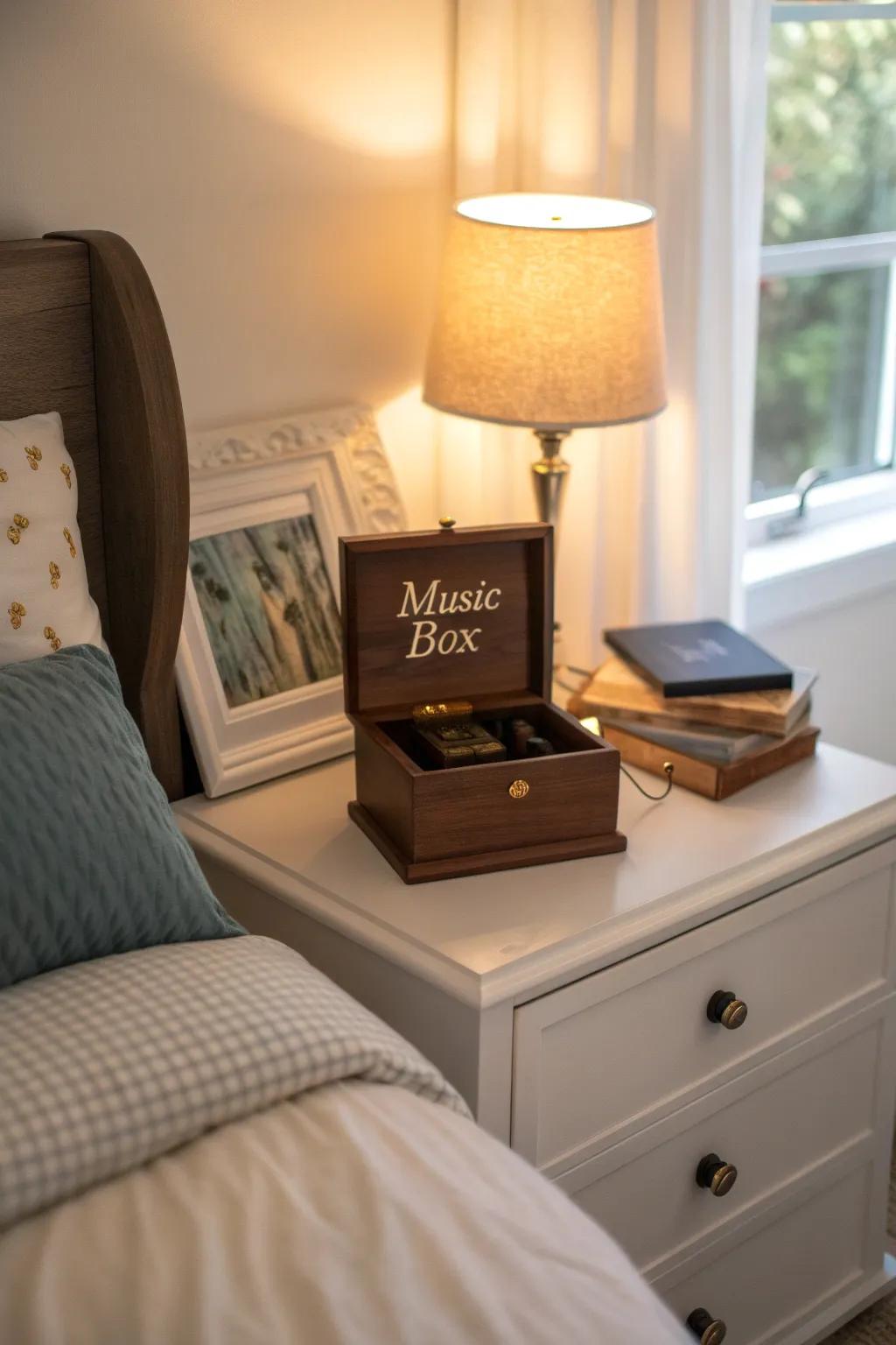 A personalized music box introduces a personal element to every bedroom design.