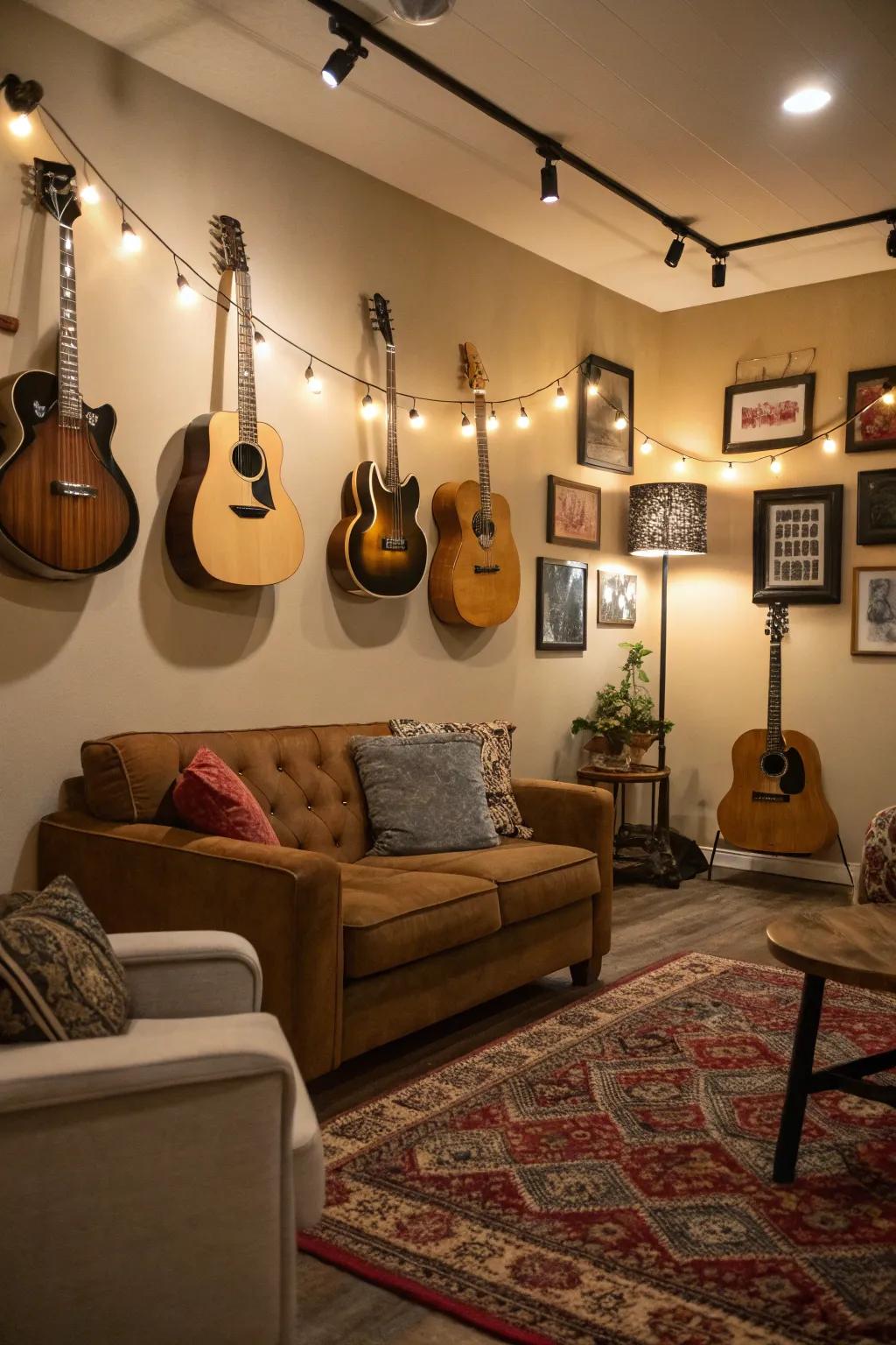 Guitars turned into artistic focal points create an inspiring music room atmosphere.