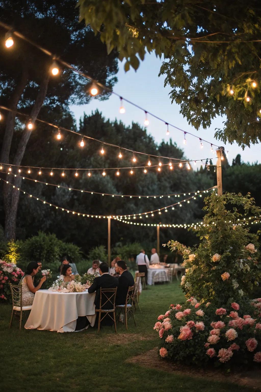Fairy illumination conjures a magical ambiance for a garden wedding celebration.