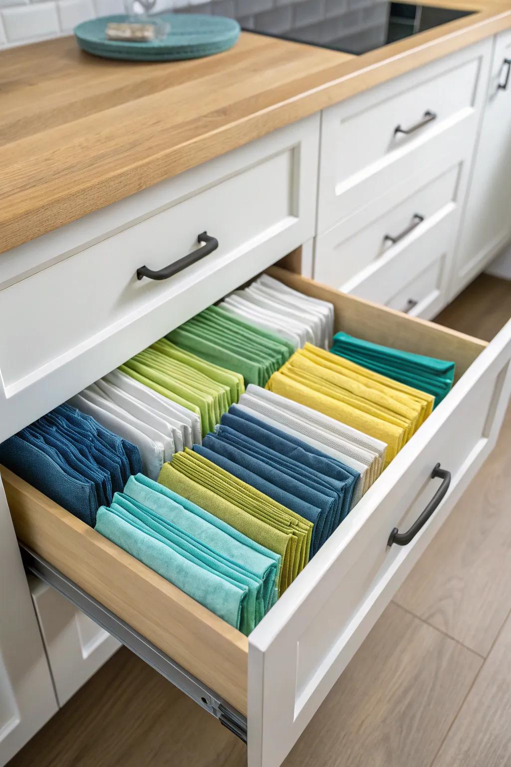 A kitchen drawer is impeccably organized with vibrant napkins, making access a breeze.
