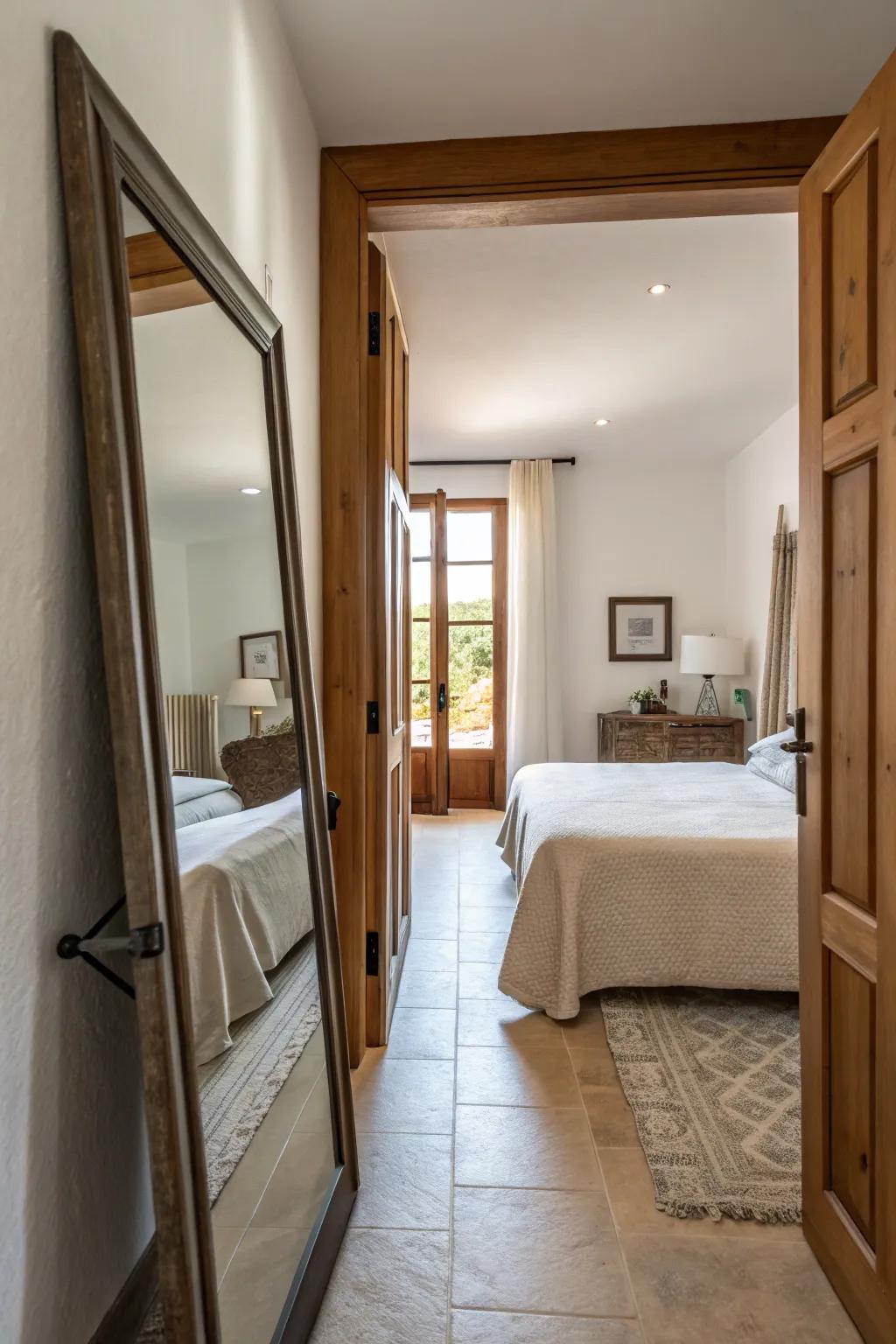 A generously sized mirror artfully arranged to amplify light and space within a slender bedroom.