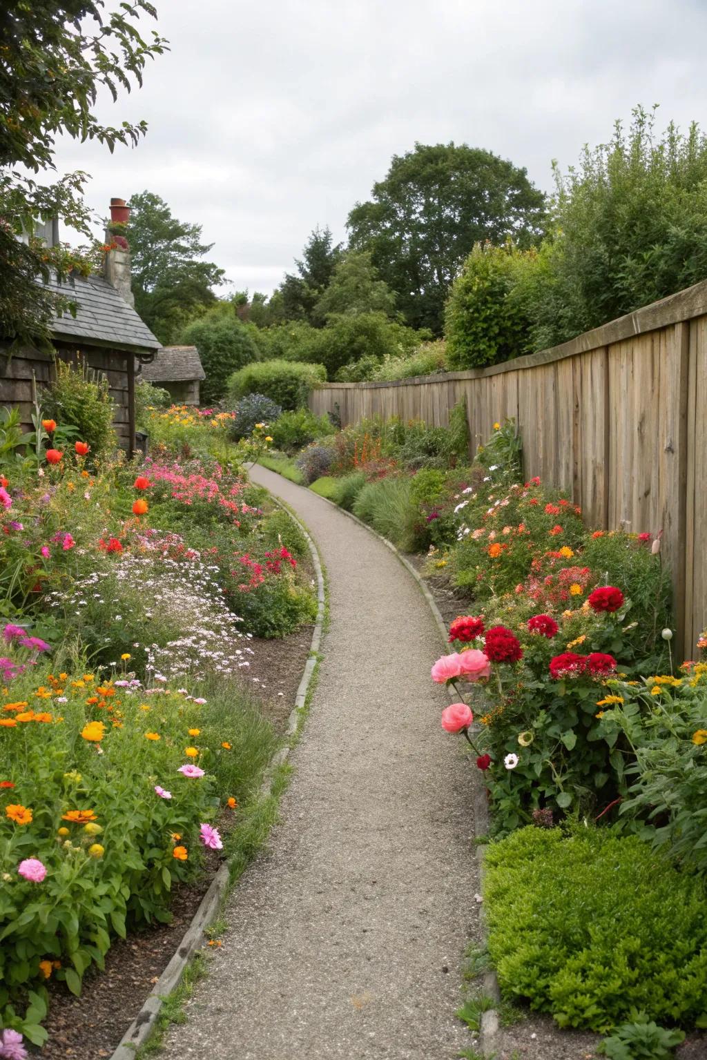A winding route introduces intrigue and broadens a narrow garden.