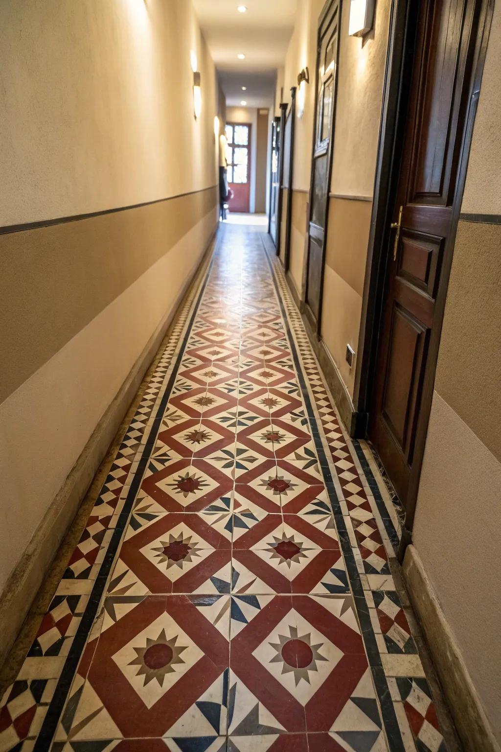 Striking patterned tiles completely transform the appearance of any narrow hallway.