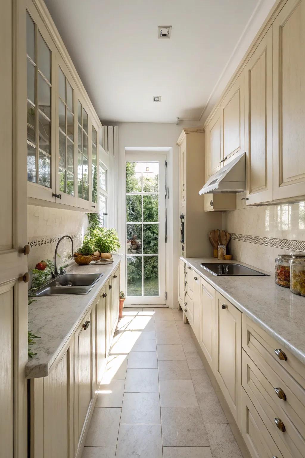 Utilizing light shades to conjure a spacious atmosphere in a slender kitchen.
