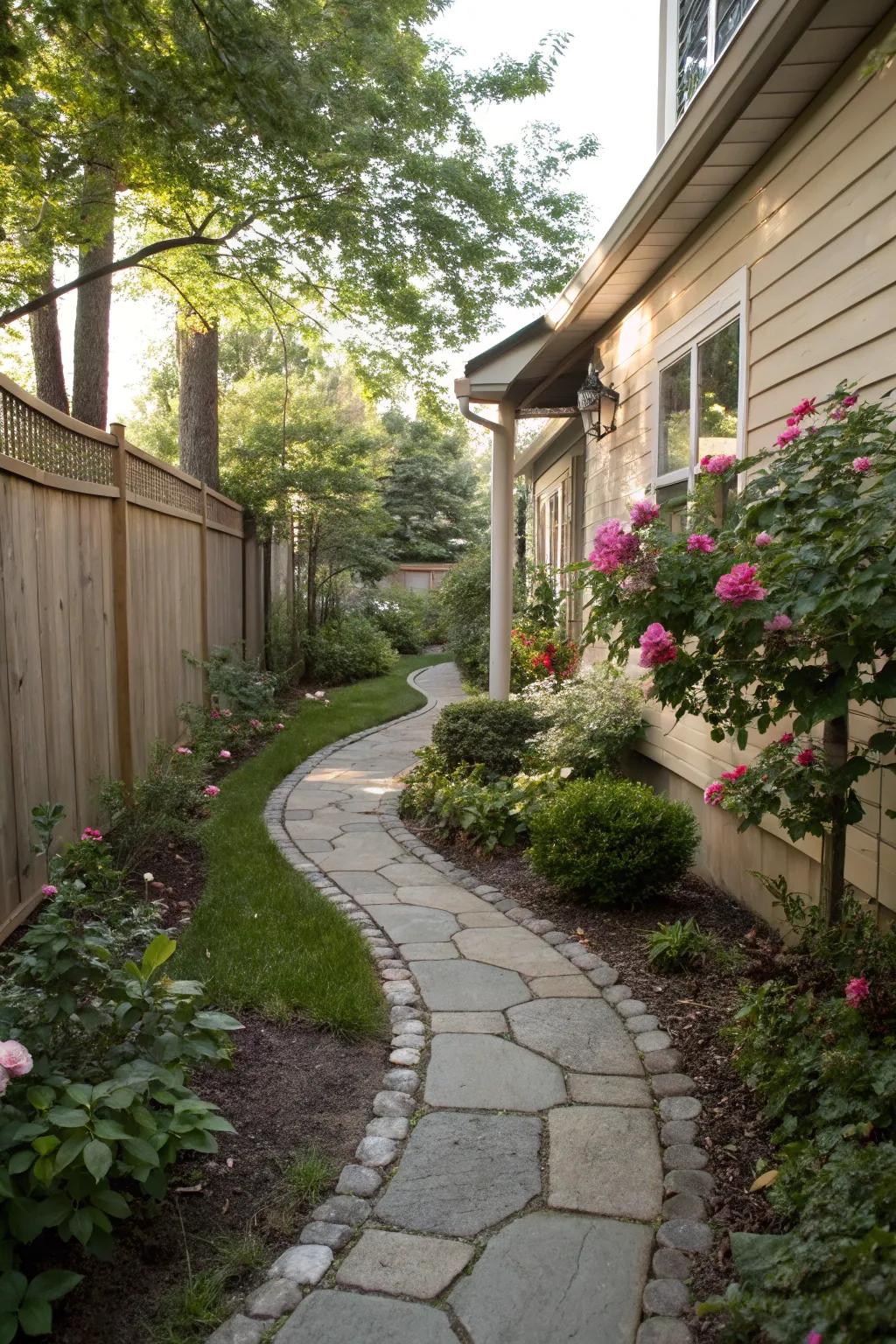 A winding path brings grace and visual intrigue to a slender side garden.