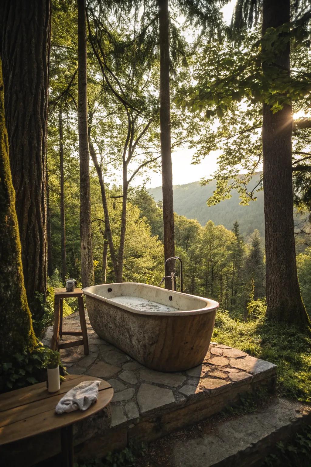 Discover peace within a woodland retreat, complete with a naturally positioned outdoor bathtub.