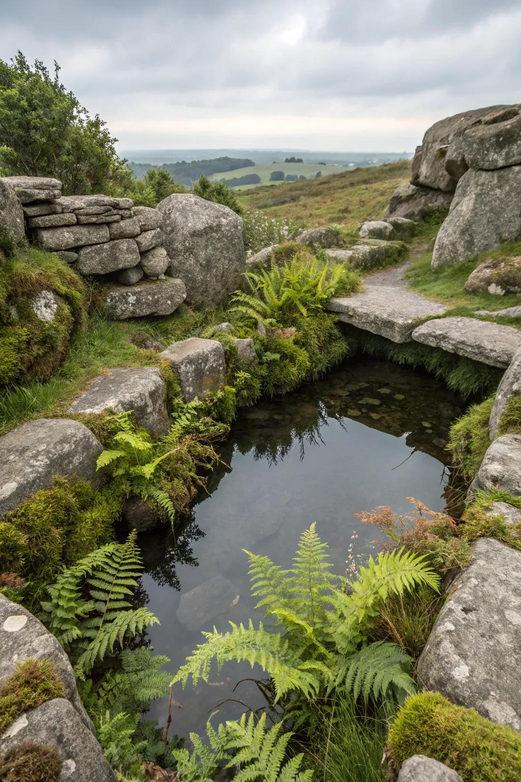 Natural stones enhance the rustic charm of a backyard pond.
