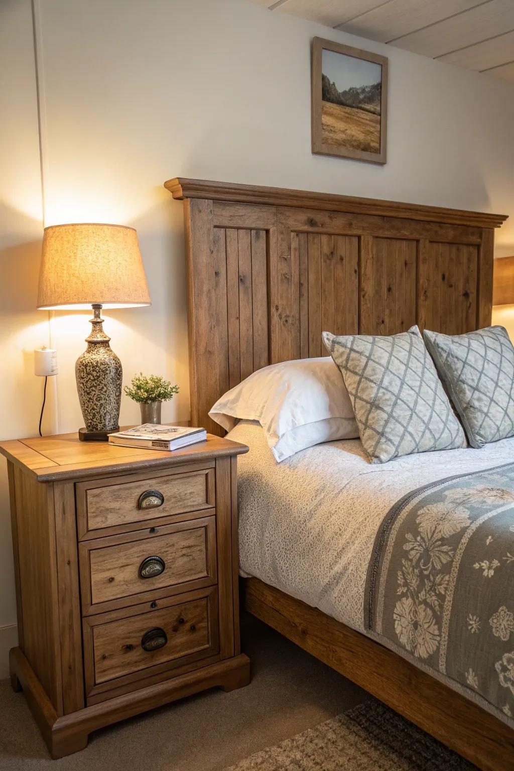 Rustic wooden features contribute warmth and character to any sleeping space.